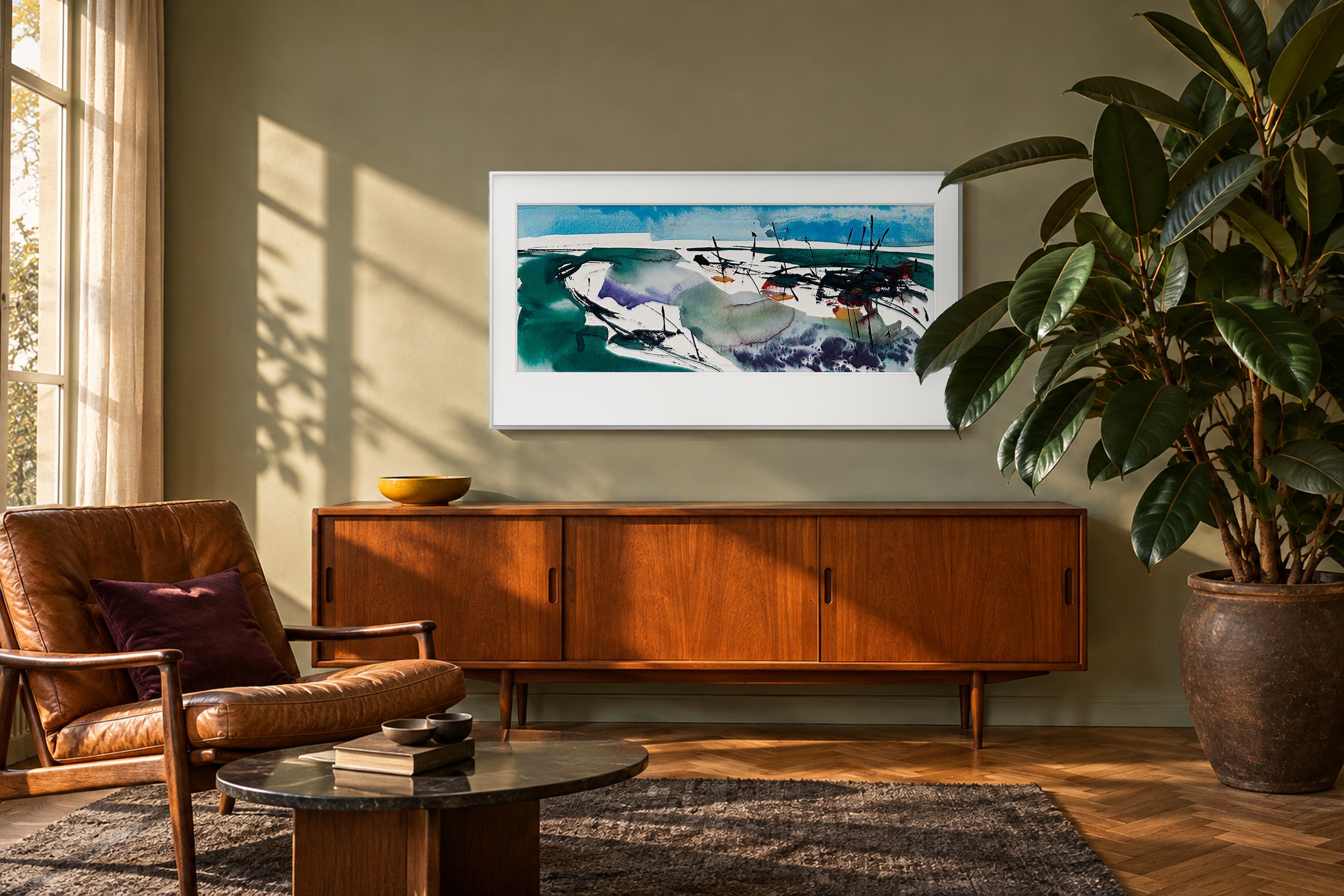 Impressie: # 4040 van Johan Meeske in een sfeervolle mid-century woonkamer met teak, cognackleurig leer en eucalyptusgrijze wand.