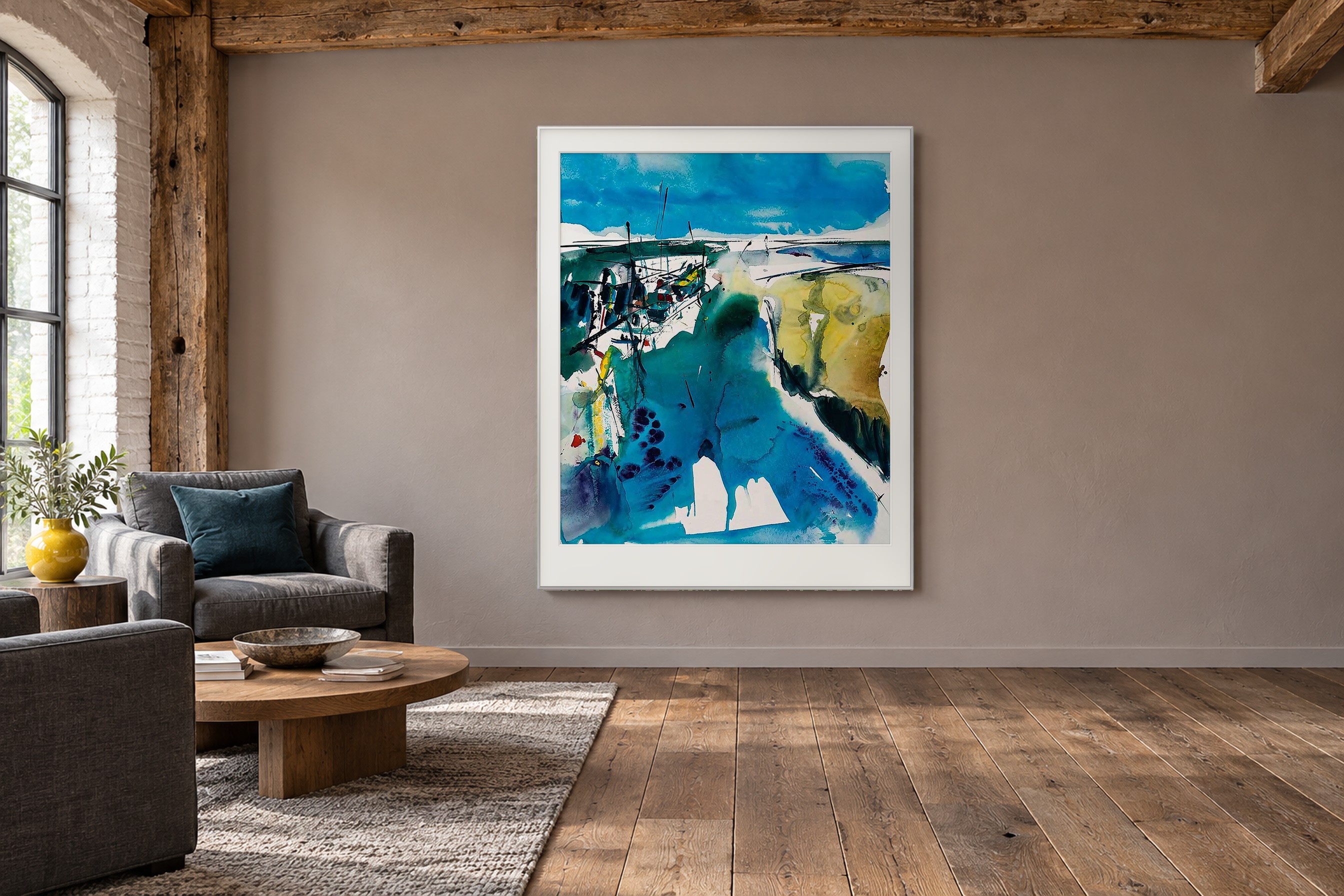 Impressie: # 4048 van Johan Meeske in een Groningse boerenkamer met verweerd eiken, leigrijze fauteuils en een mauvegrijze wand.