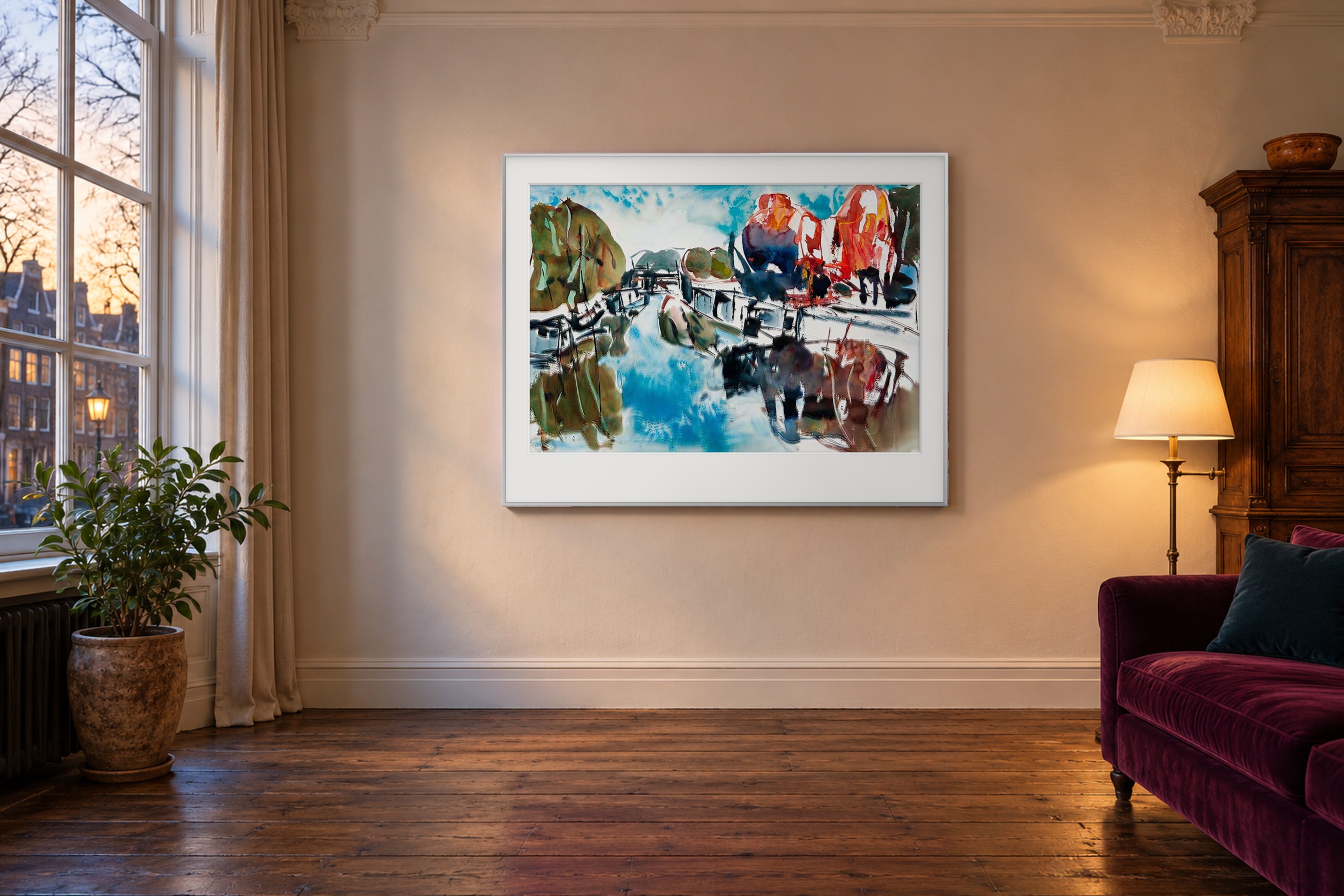 Impressie: # 4058 van Johan Meeske in een Amsterdams grachtenhuis met krijtwitte muren, donker eiken en aubergine fluweel.