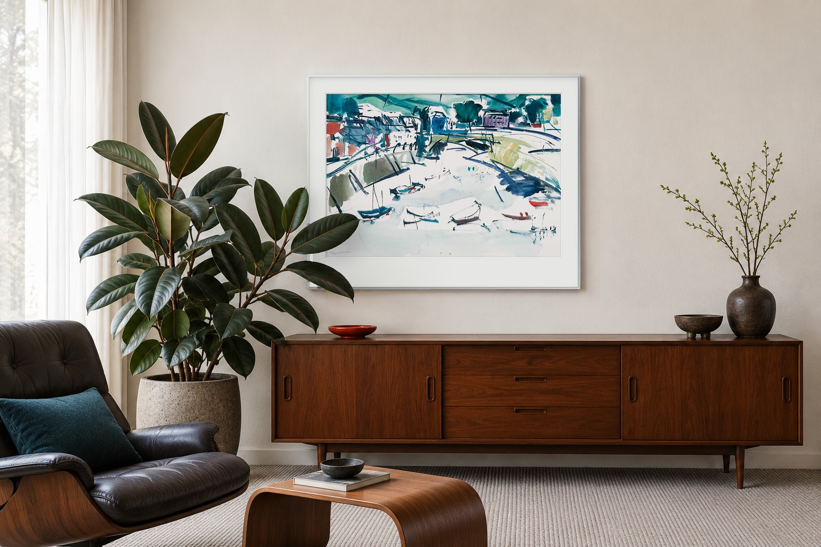 Impressie: # 7280 van Johan Meeske in een lichte mid-century woonkamer met donker teak, grijze wol en petrolblauwe accenten.