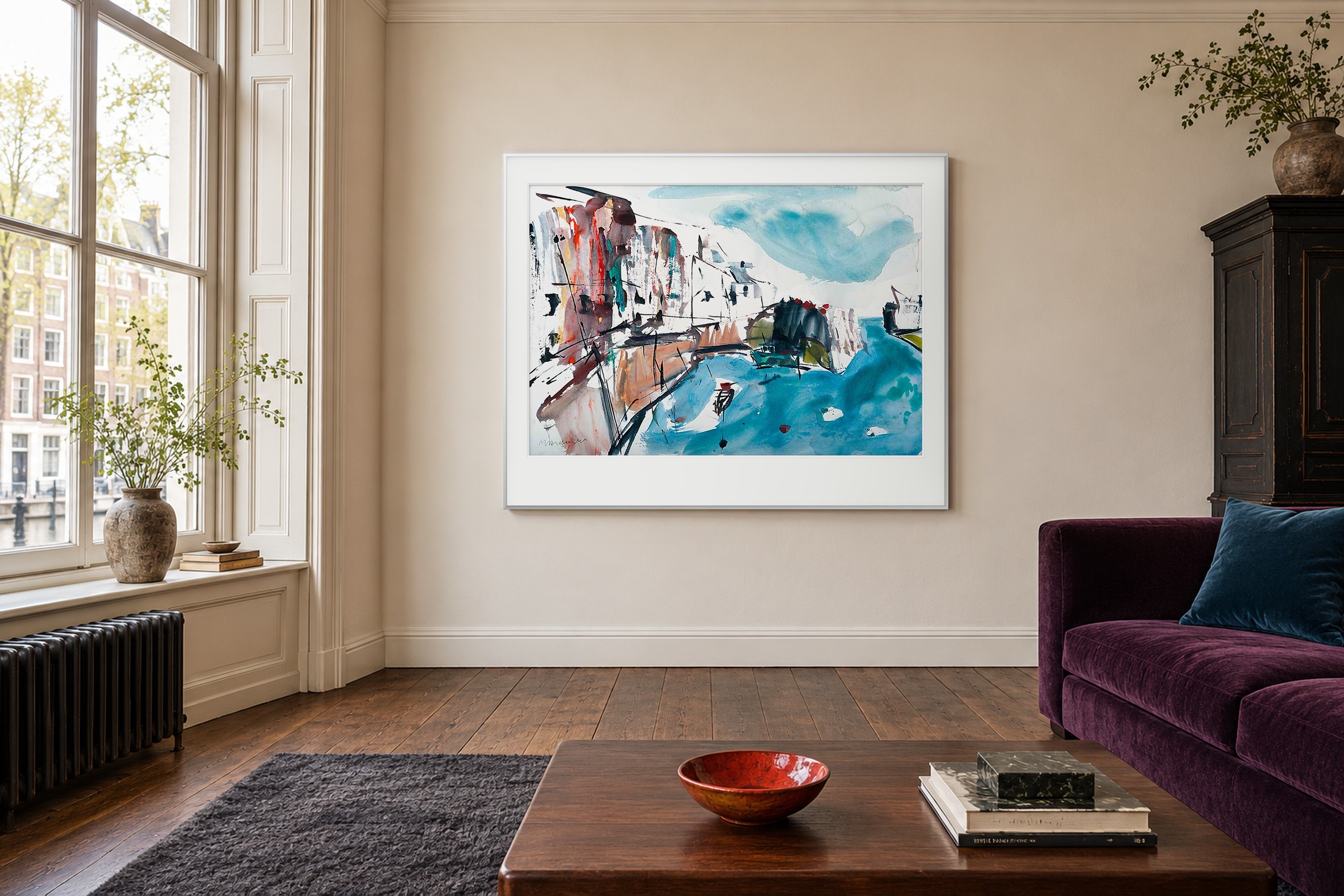 Impressie: # 7284 van Johan Meeske in een Amsterdamse grachtenkamer met aubergine mohair, donker eiken en krijtwitte muren.