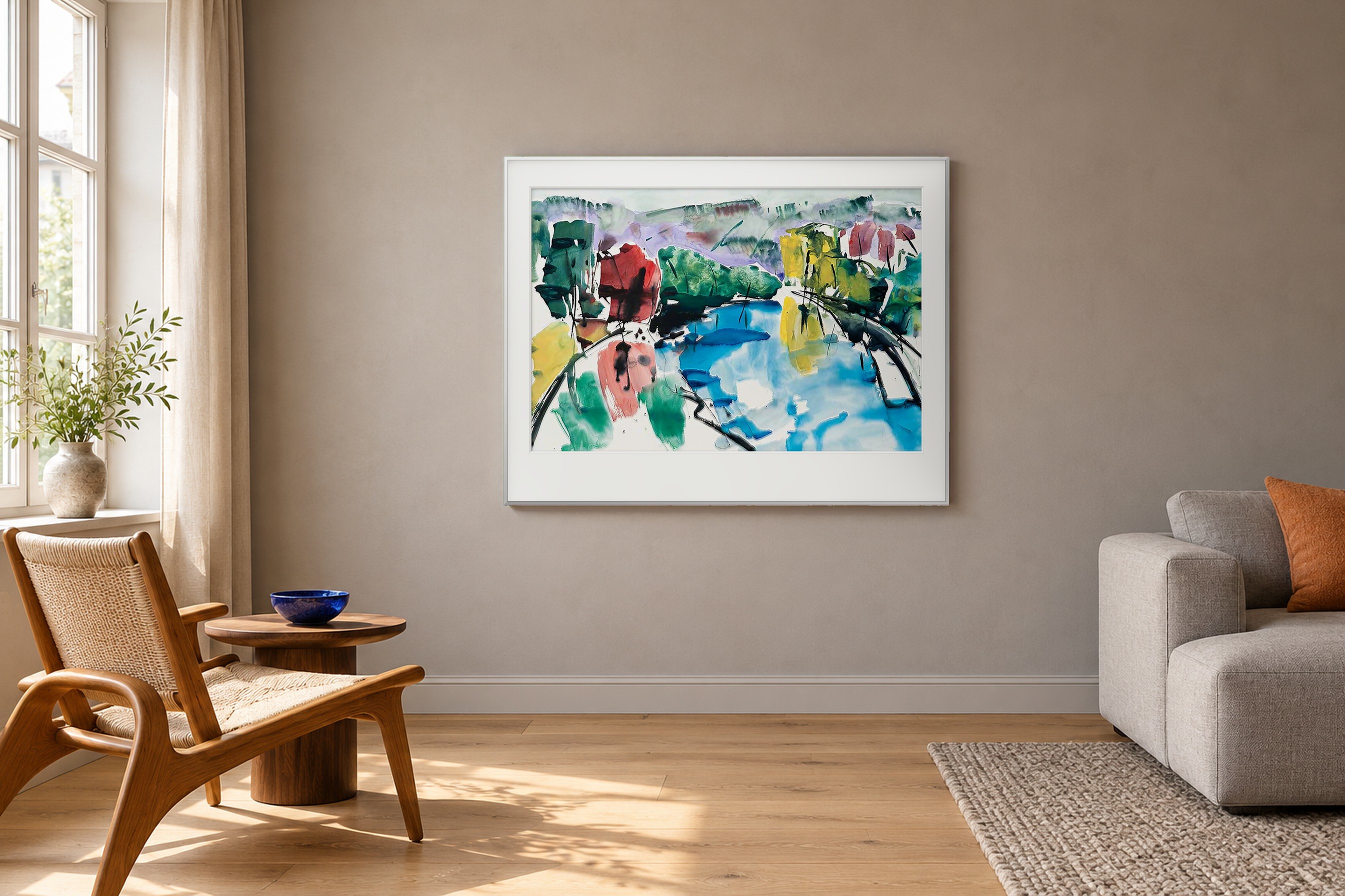 Impressie: # 3627 van Johan Meeske in een Scandinavische woonkamer met rookgrijze wand, licht eiken en koraalaccenten.