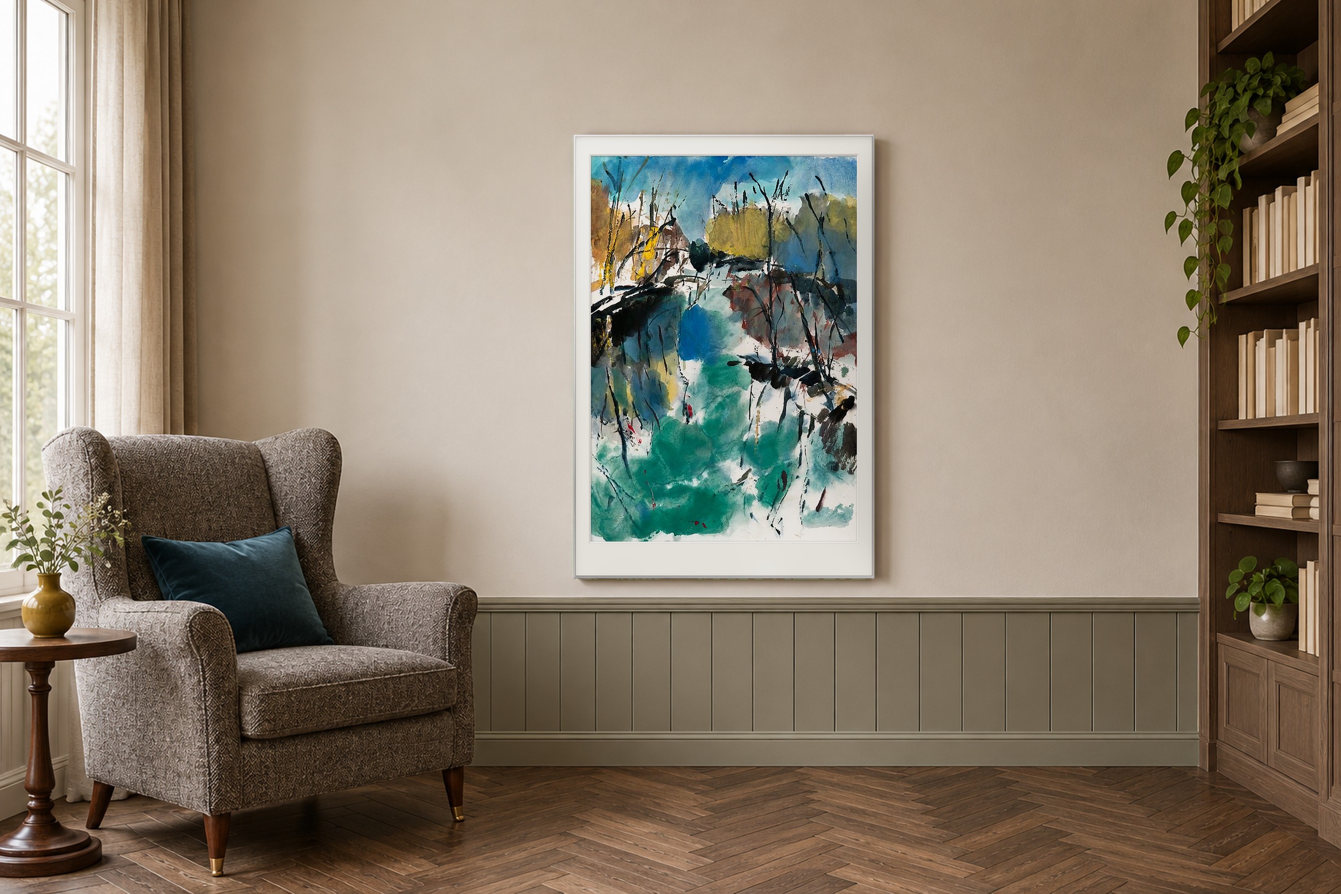 Impressie: # 5211 van Johan Meeske in een intieme leeshoek met wollen oorfauteuil, houten lambrisering en gerookt eiken.