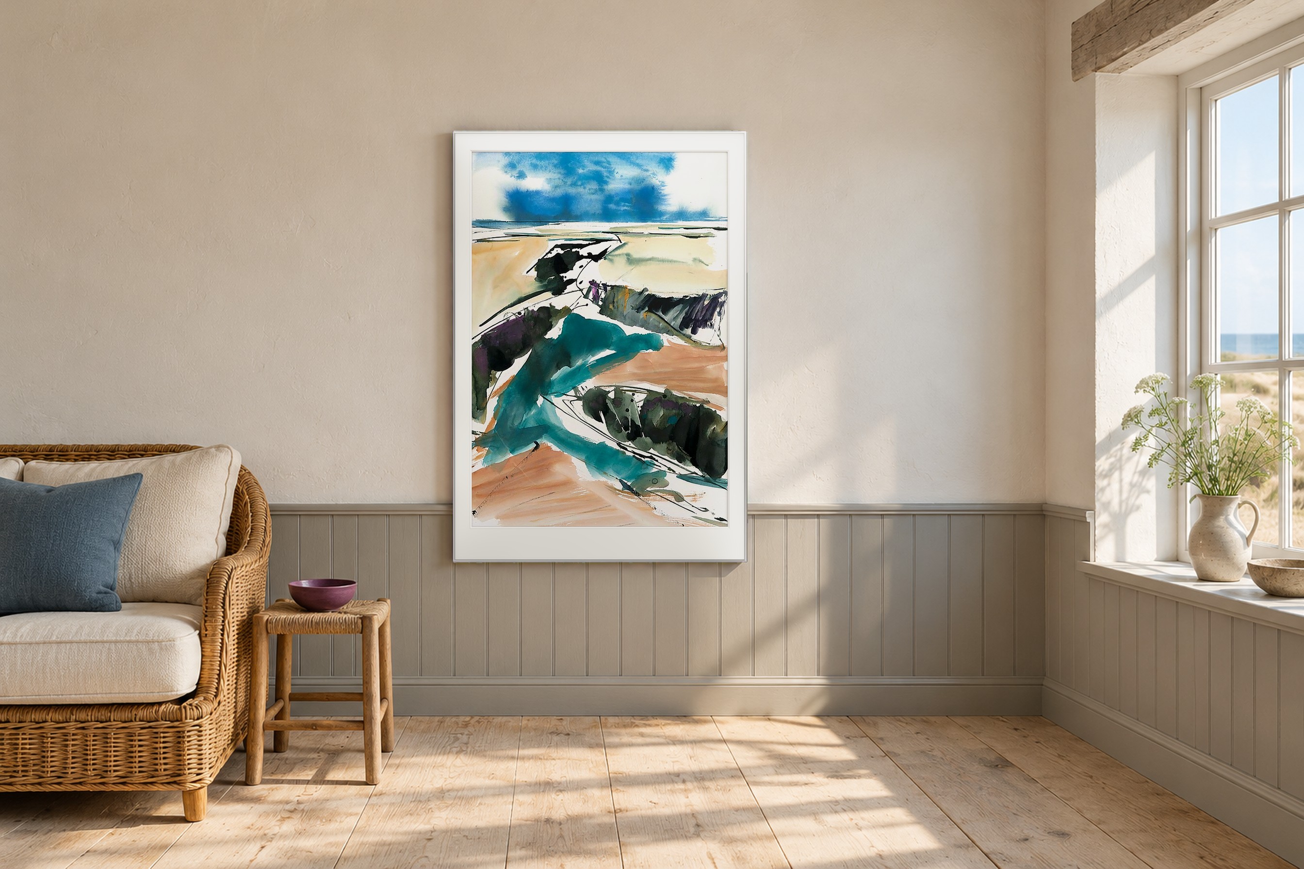 Impressie: # 2096 van Johan Meeske in een eigenzinnige Waddenkamer met grijze lambrisering, rotan en zacht ochtendlicht.
