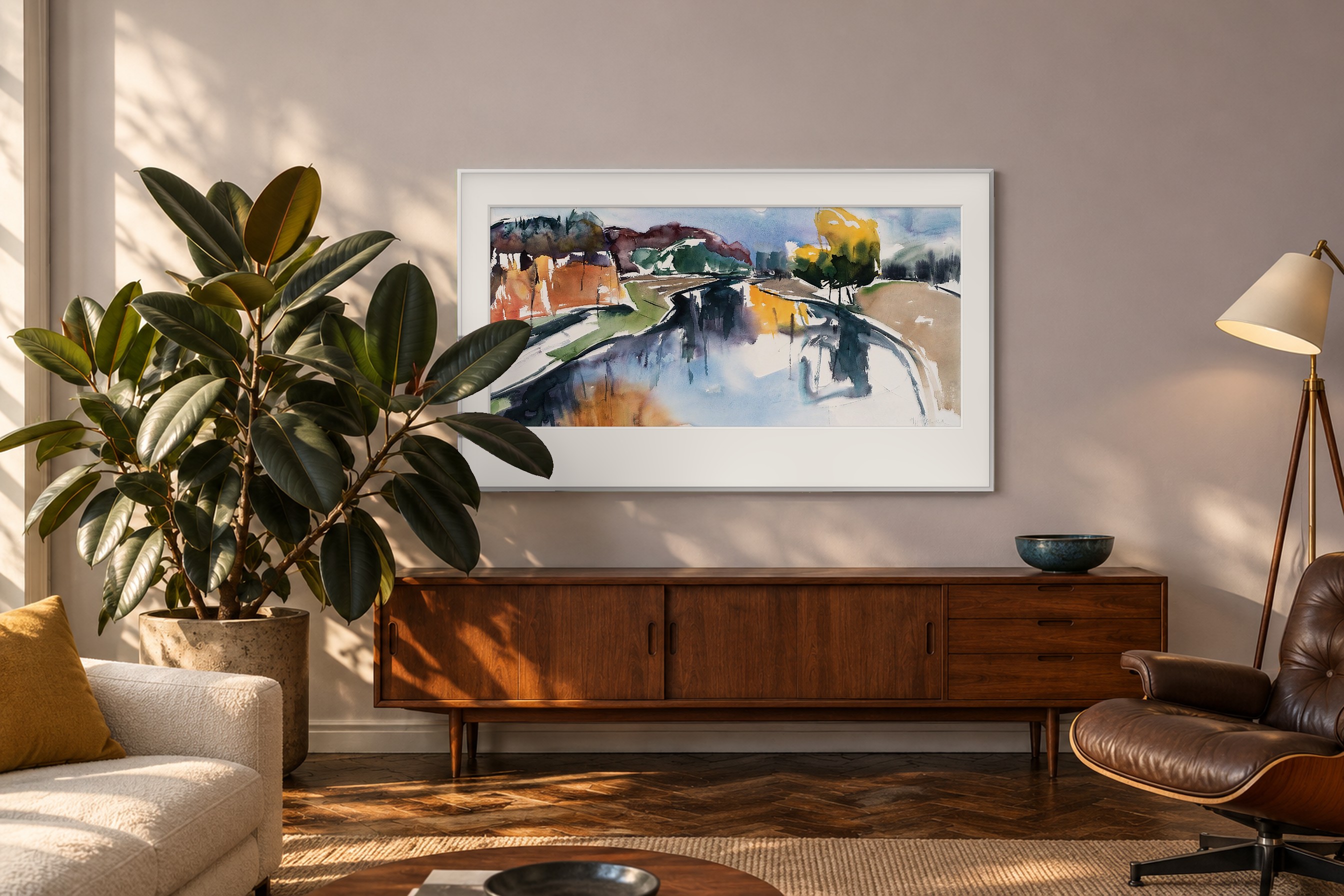 Impressie: # 3290 van Johan Meeske in een eigenzinnige mid-century woonkamer met donker hout en gouden middaglicht.