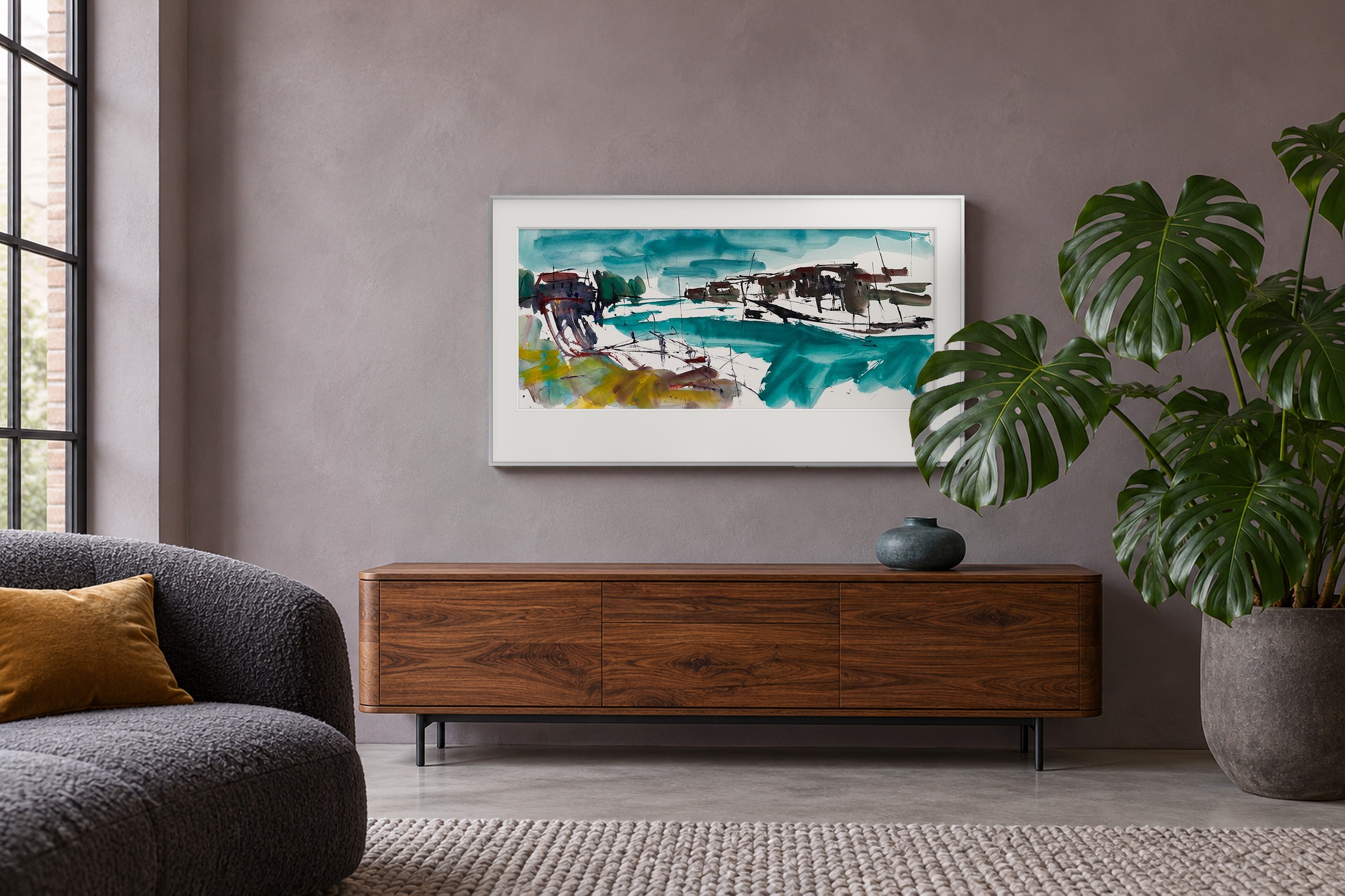Impressie: De Aude, Frankrijk van Johan Meeske in een intieme loft met lavendelgrijze wand, warm iepenhout en zachte wol.
