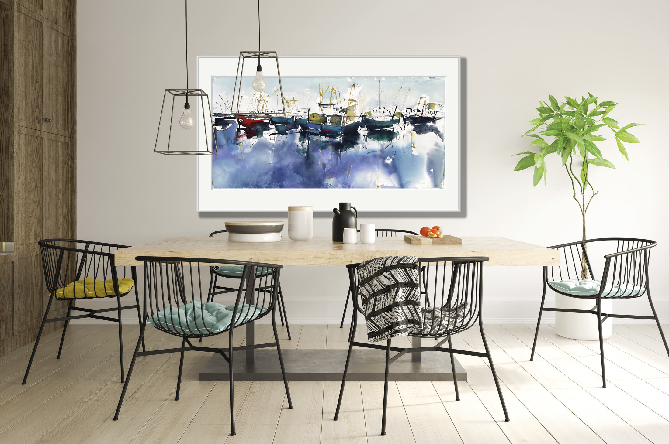 Impressie: # 1407 van Johan Meeske in een eetkamer met hanglampen.