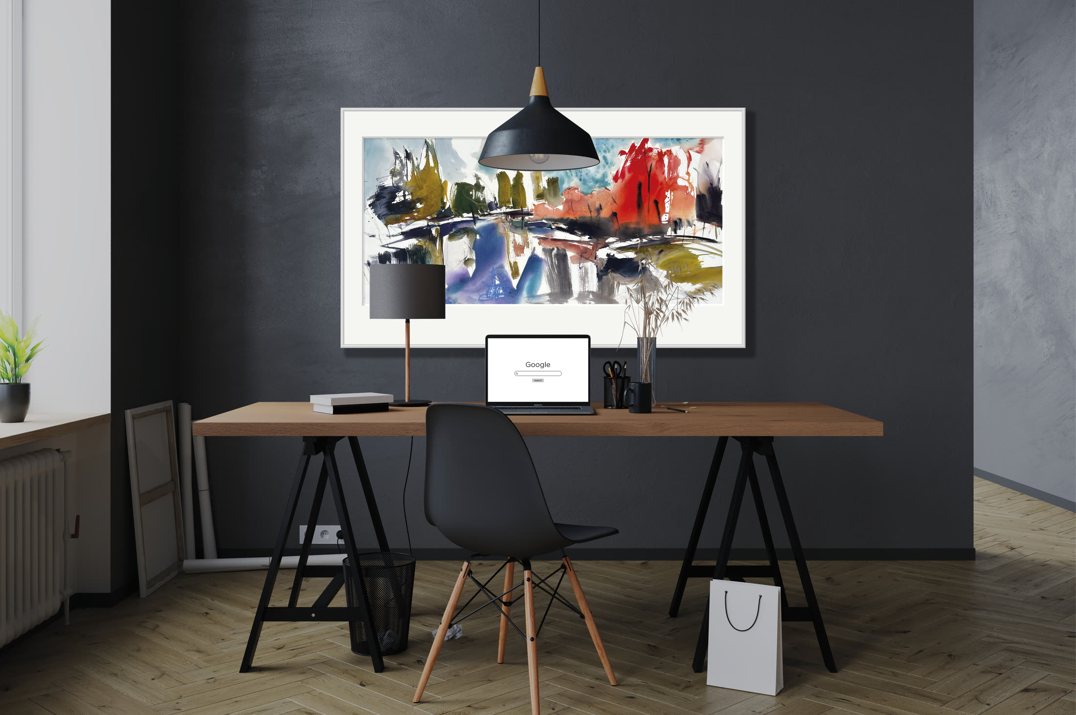 Impressie: # 6771 van Johan Meeske boven een bureau tegen een antracietgrijze wand.