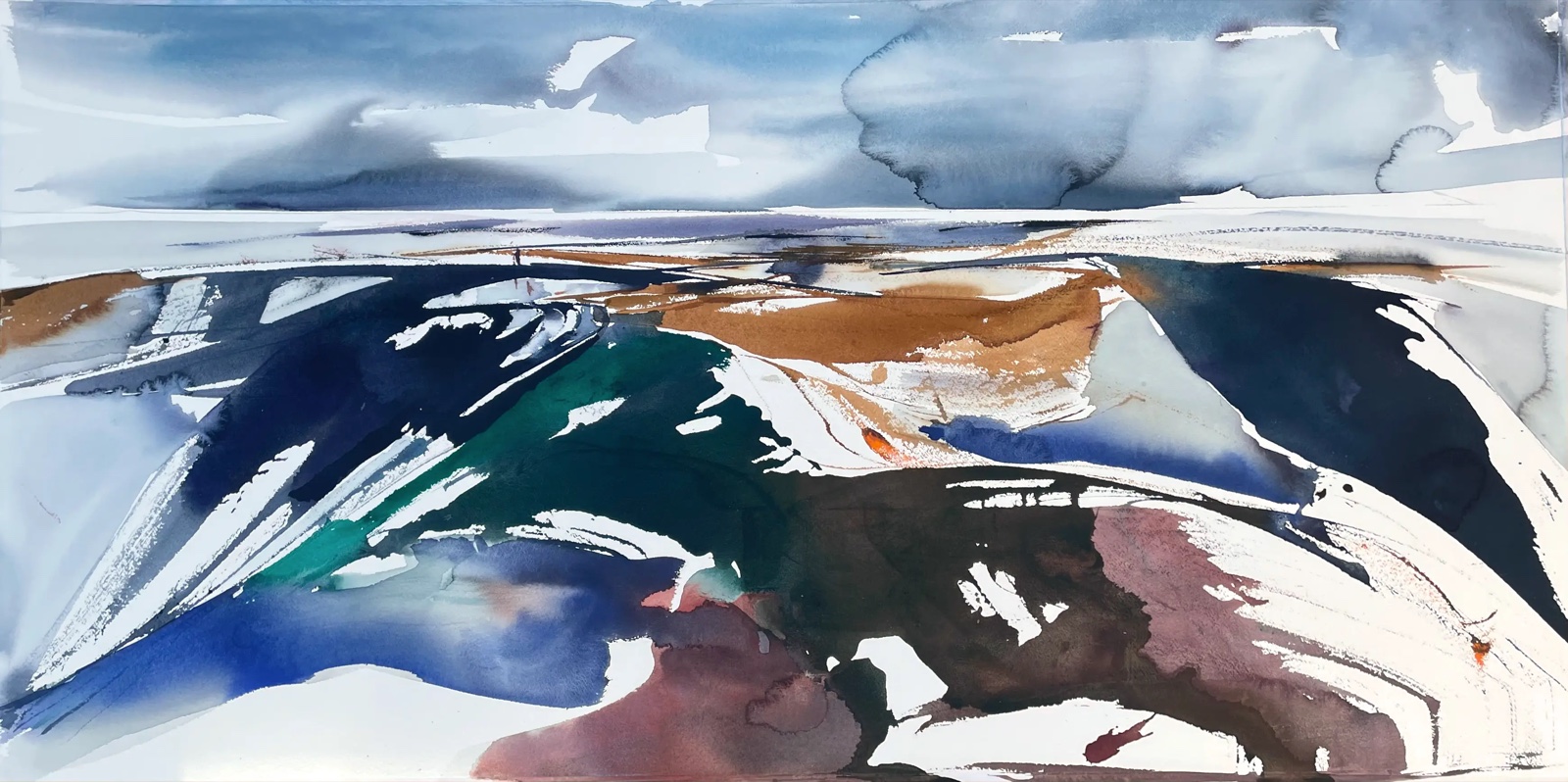 Aquarel van Johan Meeske: banen donkerblauw, groen en bruin onder een grijze lucht.