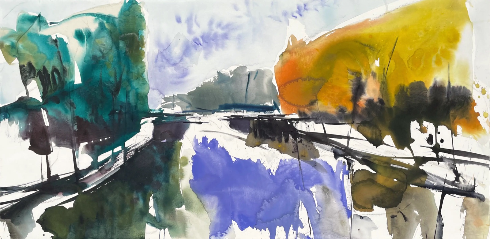 Aquarel van Johan Meeske: blauwgroene en gele bomen boven blauwviolet water.