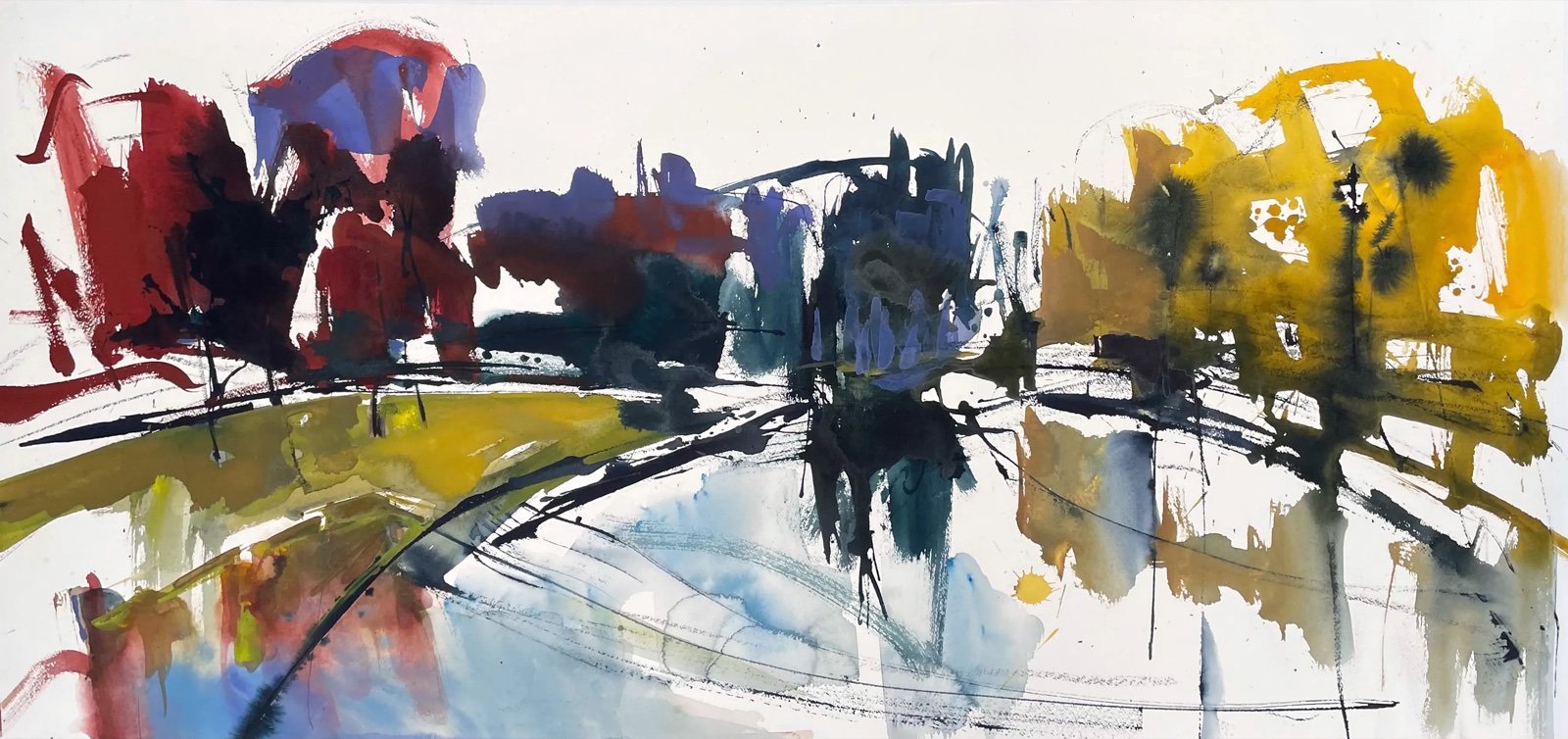 Aquarel van Johan Meeske: bordeauxrode en goudgele bomen langs een lichtblauwe waterloop.