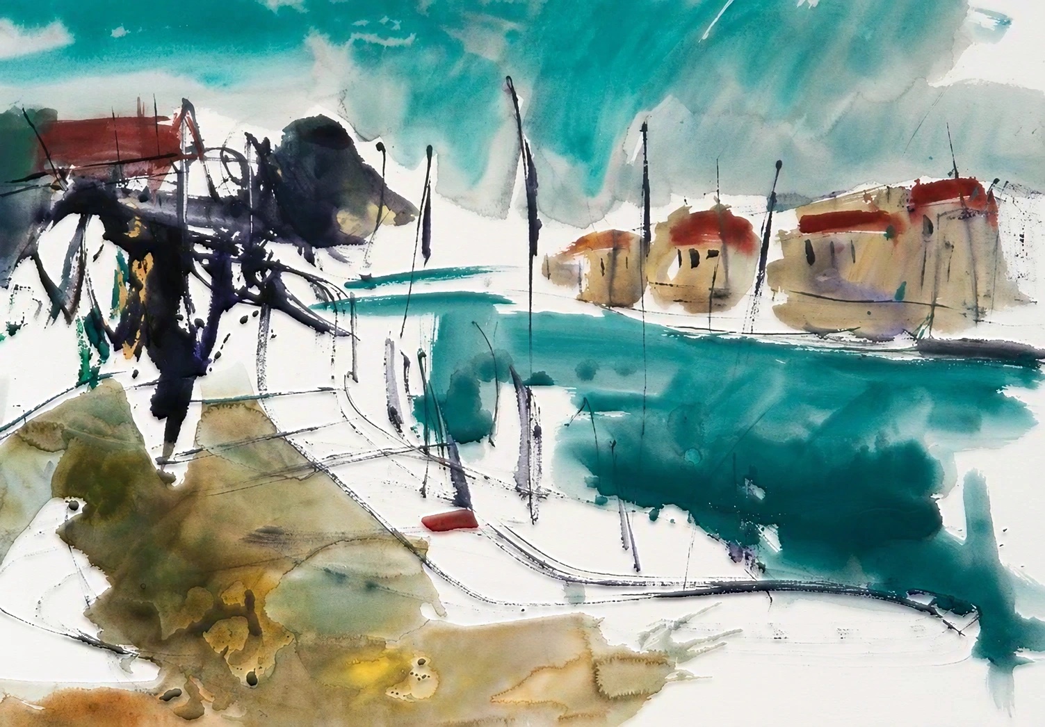 Aquarel van Johan Meeske: haven aan de Aude in Zuid-Frankrijk met turquoise water en rode daken.