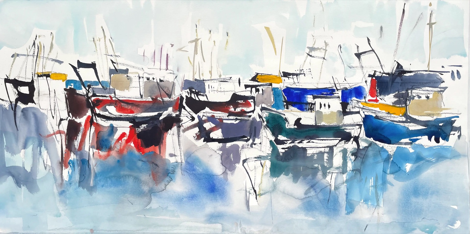 Aquarel van Johan Meeske: een haven vol masten en rode, blauwe en witte rompen.