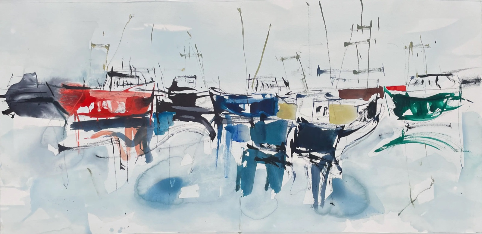 Aquarel van Johan Meeske: rode, blauwe en groene rompen in een lichte haven.