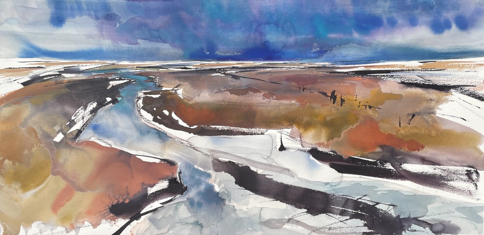 Aquarel van Johan Meeske: roestbruine platen en een geul onder een diepblauwe lucht.