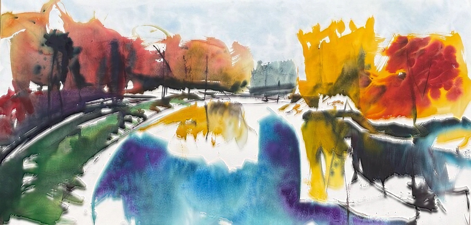 Aquarel van Johan Meeske: landschap aan de Vecht.