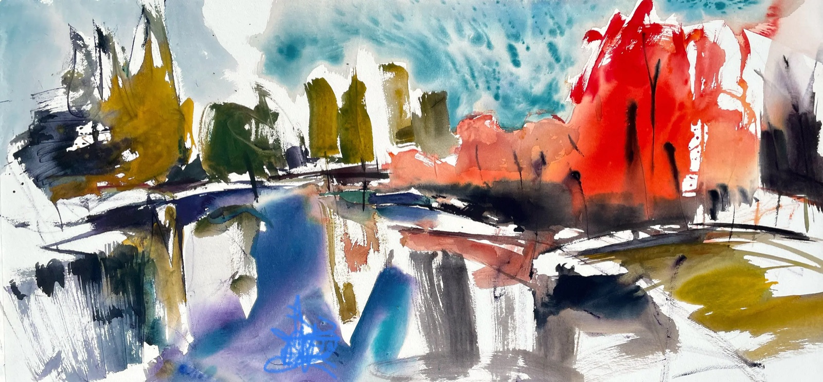 Aquarel van Johan Meeske: vuurrode bomen rechts, gele links en blauw water.