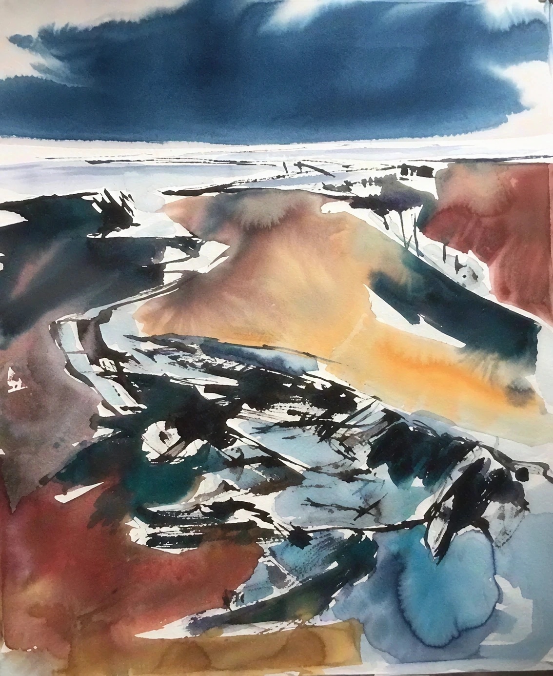 Aquarel van Johan Meeske: waddenlandschap bij Holwerd.